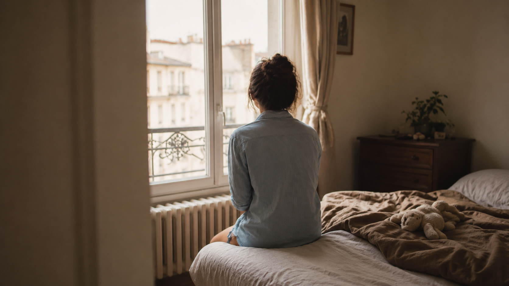 Jeune mère assise seule dans une chambre, illustrant l'épuisement parental et le besoin de soutien.