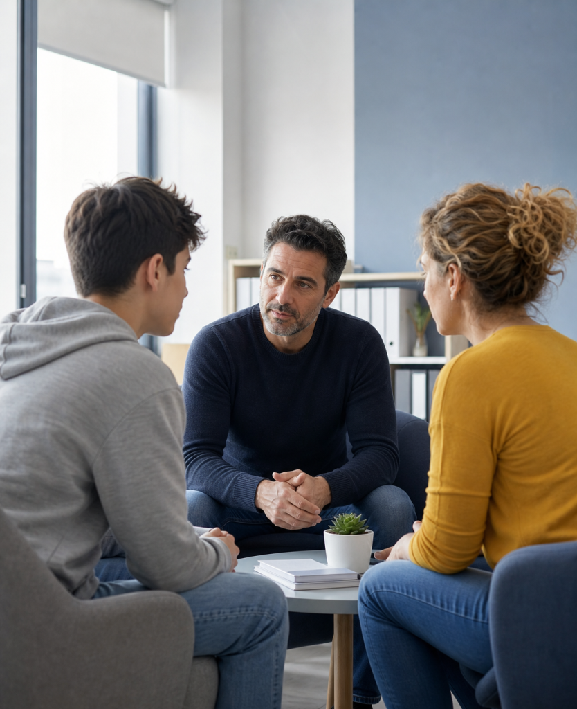Éducateur en médiation avec un parent et un adolescent